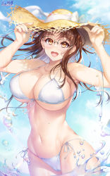  1girl :d bikini blue_sky breasts brown_eyes brown_hair cameltoe cleavage cloud collarbone commentary_request day glasses hat hat_ribbon highres hoshina_tomoko hozumi_kaoru large_breasts long_hair looking_at_viewer open_mouth outdoors ribbon side-tie_bikini_bottom sidelocks sky smile solo stomach straw_hat sun_hat swimsuit teeth thighs to_heart to_heart_(series) underboob upper_teeth_only wading water_drop watermark white_bikini 