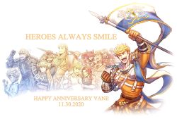1boy absurdres age_progression arm_up armor arms_behind_head asymmetrical_sleeves blonde_hair breastplate brown_gloves character_request child cropped_legs flag flower gloves granblue_fantasy green_eyes highres holding holding_flag holding_flower male_focus muscular muscular_male oneirio orange_shirt pectorals sash shirt short_hair smile uneven_sleeves vane_(granblue_fantasy) rating:Sensitive score:2 user:danbooru