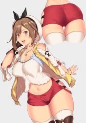 1girl ass aster_crowley atelier_(series) atelier_ryza atelier_ryza_1 bare_shoulders breasts brown_eyes brown_hair cleavage curvy from_behind grey_background hair_ornament hair_ribbon hairclip hat highres jewelry large_breasts looking_at_viewer necklace open_mouth red_shorts reisalin_stout ribbon shiny_skin short_hair short_shorts shorts simple_background smile solo thick_thighs thighhighs thighs white_thighhighs rating:Questionable score:60 user:armorcrystal