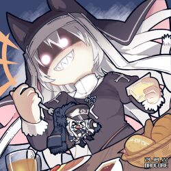  &gt;o&lt; 2girls animal_ear_headwear coif commission cross drink fake_animal_ears food food_focus fork giant giantess girls&#039;_frontline hat holding holding_fork kar98k_(girls&#039;_frontline) madcore multiple_girls nun p7_(girls&#039;_frontline) pixiv_commission shaded_face sharp_teeth solid_circle_eyes symbol-shaped_pupils tail tears teeth white_hair 