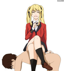  1boy 1girl black_ribbon blazer blonde_hair brown_eyes brown_hair clothed_female_nude_male clothes dailene femdom highres human_chair human_furniture humiliation jacket kakegurui legs crossed_legs lipstick makeup nude pink_lips pleated_skirt ponytail ribbon saotome_mary school_uniform sitting sitting_on_person skirt small_penis_humiliation tied tiny_gesture uniform watermark white_background yellow_eyes  rating:Explicit score:52 user:DSPH