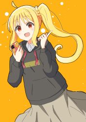  1girl :d ahoge blonde_hair bocchi_the_rock! cellphone highres holding holding_phone ijichi_nijika index_finger_raised kur0u long_hair long_sleeves looking_at_viewer open_mouth phone red_eyes side_ponytail skirt smartphone smile solo sweater yellow_background 