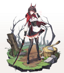  1girl absurdres acco_(sh_in) animal_ears apron black_legwear black_skirt braid breasts brown_hair bunny_ears cape corset fake_animal_ears faux_figurine frilled_skirt frills full_body garter_straps gradient_hair hair_over_shoulder hairband highres holding holding_sword holding_weapon long_hair long_sleeves looking_at_viewer lucia_(punishing:_gray_raven) medium_breasts miniskirt multicolored_hair punishing:_gray_raven red_cape red_hair red_ribbon ribbon shiny shiny_hair shirt simple_background skirt solo standing sword thighhighs torn_cape torn_clothes torn_skirt twin_braids waist_apron weapon white_apron white_background white_shirt zettai_ryouiki 