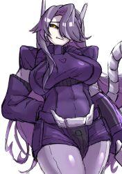  1girl black_sclera breasts colored_sclera covered_navel genderswap genderswap_(mtf) hand_on_own_hip highres humanization jacket jiatang large_breasts long_hair looking_at_viewer mechanical_tail orange_eyes pantyhose parted_lips purple_hair purple_jacket purple_pantyhose robot_ears scowl shockwave_(transformers) simple_background solo tail transformers transformers:_earthspark very_long_hair white_background  rating:Sensitive score:6 user:danbooru