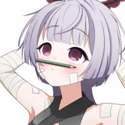 1girl armpits arms_behind_head bandaged_arm bandages bandaid bandaid_on_cheek bandaid_on_face bandaid_on_shoulder blue_archive blush grey_hair halo highres looking_up pencil pencil_as_mustache petako_(ptpt_k) purple_eyes shuro_(blue_archive) solo upper_body rating:General score:7 user:danbooru