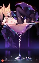 1girl ahri_(league_of_legends) animal_ears ass black_thighhighs blonde_hair bracelet breasts cleavage cocktail_glass crystal cup drinking_glass earrings fox_ears high_heels jewelry k/da_(league_of_legends) k/da_ahri large_breasts league_of_legends long_hair lying microphone nail_polish nanoless navel nipples nude on_back parted_lips ponytail purple_nails smile solo thighhighs yellow_eyes rating:Questionable score:127 user:danbooru