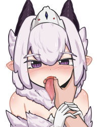 1girl bare_shoulders blush cowfee diadem ear_blush face fangs finger_in_another&#039;s_mouth full-face_blush fur gloves half-closed_eyes hand_on_another&#039;s_face highres horns jewelry long_tongue looking_at_viewer monster_girl open_mouth oral_invitation original pointy_ears purple_eyes saliva short_hair silver_hair solo_focus tears tongue tongue_out white_gloves rating:Questionable score:31 user:danbooru