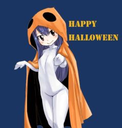 1girl blue_background blue_hair blush bodysuit breasts brown_eyes cloak closed_mouth collarbone costume english_text fairy_tail from_side ghost_costume grey_eyes hair_between_eyes halloween halloween_costume happy_halloween head_tilt hood legs_together light_smile long_hair looking_at_viewer mashima_hiro mittens official_art simple_background skin_tight small_breasts smile solo standing turtleneck wendy_marvell rating:Sensitive score:29 user:danbooru