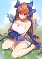 1girl bad_id bad_pixiv_id bare_arms bare_legs bare_shoulders blue_bow blue_footwear blue_sky blush bow breasts cleavage cloud collarbone commentary_request day dress feathered_wings flower full_body grass hair_between_eyes hair_bow hand_on_own_chest highres large_breasts long_hair looking_at_viewer nose_blush open_mouth orange_eyes orange_hair original outdoors shadow short_dress single_sidelock sitting sky slippers solo strapless strapless_dress suminagashi tears thighs very_long_hair wariza wavy_mouth white_dress white_flower white_wings wings rating:Sensitive score:22 user:danbooru