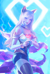 1girl absurdres ahri_(league_of_legends) animal_ears bare_shoulders black_thighhighs blonde_hair bracelet breasts choker cowboy_shot crystal_tail facial_mark fox_ears fox_tail heart heart_choker highres jewelry k/da_(league_of_legends) k/da_ahri large_breasts league_of_legends leesuyeon long_hair looking_at_viewer microphone solo strapless tail thighhighs whisker_markings yellow_eyes rating:Sensitive score:25 user:danbooru