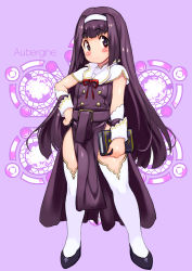  1girl aubergine belt black_footwear blush_stickers book buttons closed_mouth commentary_request double-breasted dress english_text hairband hand_on_own_hip head_tilt highres holding holding_book legs_apart long_hair looking_at_viewer neck_ribbon original purple_background purple_belt purple_dress purple_eyes purple_hair red_ribbon ribbon shiny_skin short_sleeves sidelocks solo standing thighhighs very_long_hair white_hairband white_thighhighs wrist_cuffs yu_3 