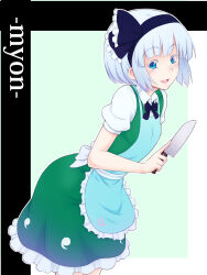  1girl apron black_bow black_bowtie black_hairband blue_apron blue_eyes bow bowtie collared_shirt commentary_request dress ghost_print green_dress grey_hair hairband highres holding holding_knife kakone knife konpaku_youmu looking_at_viewer myon_(phrase) open_mouth shirt short_hair short_sleeves solo touhou white_shirt 