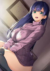  1girl :d bedroom between_legs black_thighhighs breasts commentary_request covered_erect_nipples dutch_angle green_eyes hand_between_legs highres indoors large_breasts long_hair long_sleeves looking_at_viewer mikemono_yuu on_bed open_mouth original panties picture_frame purple_hair purple_sweater ribbed_sweater sitting smile solo sweater teeth thighhighs thighs turtleneck turtleneck_sweater underwear upper_teeth_only wariza white_panties  rating:Sensitive score:9 user:danbooru