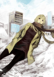  blonde_hair coat hands_in_pockets scarf sinkawa145 snow  rating:Sensitive score:5 user:cnc