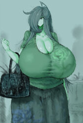  1girl 2b-ge bag breasts cleavage dress female_focus gigantic_breasts green_theme holding holding_bag mature_female mei&#039;s_mom_(2b-ge) original skirt solo standing taut_clothes 