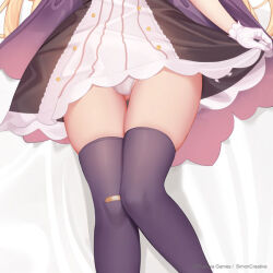  1girl artist_request bandaid bandaid_on_knee bandaid_on_leg bed_sheet blonde_hair company_name copyright_notice dress gloves gluteal_fold head_out_of_frame little_witch_nobeta lying nobeta official_art on_back panties pantyshot purple_thighhighs solo striped_clothes striped_dress thighhighs thighs underwear vertical-striped_clothes vertical-striped_dress white_gloves white_panties 