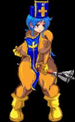  1girl animated animated_gif black_background blue_hair boots bouncing_breasts breasts cross dragon_quest dragon_quest_iii female_masturbation gloves hat lactation large_breasts lowres masturbation milk milk_(nonki) nipples nonki pixel_art priest_(dq3) queen&#039;s_axe red_eyes simple_background solo tears thick_thighs thighs 