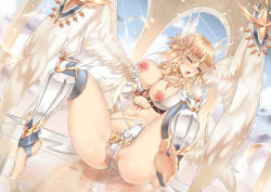  1girl angel aselica_(king&#039;s_raid) barefoot belly blonde_hair blue_eyes blush braid grabbing_another&#039;s_breast breasts feet female_focus female_masturbation grabbing groping king&#039;s_raid kinhasu large_breasts legs long_hair looking_at_viewer masturbation navel nipples open_mouth panties pointy_ears pussy_juice saliva soles solo spread_legs thighs toes tongue tongue_out underwear white_panties wings  rating:Explicit score:106 user:BlueStar101