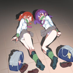  2girls arms_behind_back ass bdsm blush bondage bound bound_arms bound_legs breasts clenched_hands female_focus flat_chest full_body gag gagged highres improvised_gag kamimaki_tsukami kidnapped legs_together loli looking_at_viewer looking_back lying multiple_girls necktie on_floor on_side orange_hair pink_eyes purple_hair restrained scared school_uniform small_breasts tagme tape tape_gag upskirt 