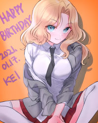 100zi 1girl black_necktie blazer blonde_hair blouse blue_eyes butterfly_sitting character_name closed_mouth collared_shirt dated dress_shirt english_text girls_und_panzer grey_jacket hair_intakes happy_birthday highres jacket kay_(girls_und_panzer) long_hair long_sleeves looking_at_viewer miniskirt necktie off_shoulder open_clothes open_jacket orange_background pleated_skirt red_skirt saunders_school_uniform school_uniform shadow shirt simple_background sitting skirt sleeves_rolled_up smile solo thighhighs white_shirt white_thighhighs wing_collar rating:Sensitive score:4 user:danbooru