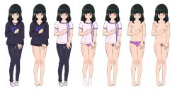  1girl absurdres bad_tag barefoot black_eyes black_hair black_pants blush breasts brown_eyes censored cleft_of_venus clenched_teeth completely_nude crying embarrassed feet female female_focus female_pubic_hair full_body grin gym_uniform highres hood hood_down hoodie jacket limited_visibility loli long_hair looking_at_viewer mangayre medium_hair multiple_views navel nipples nude open_mouth original panties pants pink_panties pubic_hair purple_panties purple_underwear pussy seventh_grade_chronicles shirt shoes short_sleeves simple_background small_breasts smile socks sportswear standing t-shirt tearing_up tears teeth topless track_jacket track_pants underwear underwear_only uniform variations white_background white_footwear white_shirt  rating:Explicit score:20 user:Daniellol172