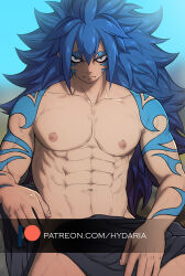  1boy abs acnologia alternate_pectoral_size bara blue_hair bodypaint covering_privates cowboy_shot fairy_tail frown hydaria long_hair looking_at_viewer male_focus muscular muscular_male navel nipples nude nude_cover paid_reward_available solo stomach toned toned_male very_long_hair watermark 