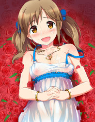  10s 1girl :d bare_shoulders blush bracelet breasts brown_hair cleavage covered_erect_nipples cum cum_on_body dress facial flower happy heart heart_necklace idolmaster idolmaster_cinderella_girls jewelry long_hair lying natsuya_(natuya777) necklace on_back open_mouth own_hands_clasped own_hands_together rose smile solo strap_slip sweat totoki_airi twintails yellow_eyes  rating:Explicit score:25 user:danbooru