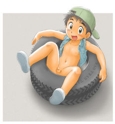 1boy baseball_cap black_hair blush bottomless flaccid hat jacket looking_at_viewer male_focus mitsui_jun nipples open_mouth penis shoes shota small_penis smile solo tire rating:Explicit score:94 user:mark3.88