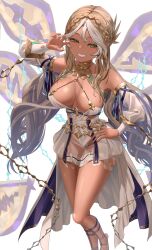  1girl absurdres andromeda_(fate) andromeda_(first_ascension)_(fate) bare_shoulders blonde_hair braid breasts chain cleavage collar crown_braid cuffs dark-skinned_female dark_skin dress fate/grand_order fate_(series) gold_teeth green_eyes grin highres jaws large_breasts long_hair looking_at_viewer metal_collar shackles smile solo thighs warp226 white_dress white_hair 