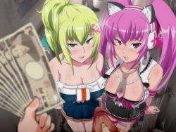  1boy 2girls alley animal_ears beatmania beatmania_iidx blush bra breasts cat_ears cleavage dress erection fistful_of_yen green_hair hair_ornament hair_ribbon hairclip headphones jewelry kamishakujii_(poppenheim) kitami_erika large_breasts long_hair looking_up meme mizushiro_celica money multiple_girls necklace necktie open_mouth outdoors penis pink_hair ponytail prostitution ribbon skirt standing take_your_pick third-party_edit twintails uncensored underwear  rating:Explicit score:128 user:tsak