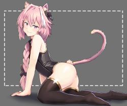 1boy absurdres all_fours animal_ears ass astolfo_(fate) bare_arms bare_shoulders black_bow black_ribbon black_shirt bow braid brown_thighhighs cat_ears cat_tail closed_mouth fang fate/apocrypha fate_(series) from_side full_body grey_background hair_between_eyes hair_bow hair_intakes hair_over_shoulder hair_ribbon half-closed_eyes head_tilt highres jtleeklm long_hair looking_at_viewer looking_to_the_side male_focus multicolored_hair pink_eyes pink_hair ribbon shirt signature simple_background single_braid skin_fang sleeveless sleeveless_shirt smile smug solo streaked_hair tail thighhighs trap white_hair rating:Sensitive score:82 user:danbooru