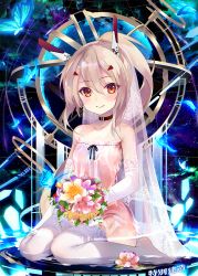  1girl ayanami_(azur_lane) azur_lane bare_shoulders bug butterfly choker commentary_request elbow_gloves flower full_body gloves hair_between_eyes highres insect kneeling looking_at_viewer orange_eyes ponytail shirokitsune sleeveless smile solo thighhighs  rating:Sensitive score:12 user:danbooru