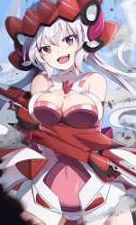  1girl :d absurdres arm_support armored_gloves arms_under_breasts bare_shoulders breast_rest breasts cleavage commentary_request covered_navel cowboy_shot crossed_arms elbow_gloves gloves hair_between_eyes highres leotard long_hair medium_breasts open_mouth outdoors pink_leotard purple_eyes red_gloves senki_zesshou_symphogear skin_tight sleeveless smile smug solo teeth twintails upper_teeth_only very_long_hair white_hair wimawi yukine_chris 