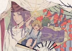  3boys between_fingers black_hat blonde_hair blue_bow blue_hakama blue_kimono blue_sleeves blunt_bangs blunt_ends bow branch brown_hair chinese_commentary closed_mouth collarbone colored_inner_hair commentary_request cowboy_shot expressionless eyelashes fingernails flower folding_fan fujiwara_no_sai green_hair green_veil hair_floating_upwards hakama hand_fan hand_on_headwear hand_up hat hikaru_no_go holding holding_fan hun_(endlesslovehikaru) japanese_clothes kariginu kimono knees layered_sleeves light_smile lips long_hair long_sleeves looking_at_viewer multicolored_hair multiple_boys open_mouth outstretched_arm palms parted_bangs pink_eyes pink_kimono purple_hair purple_kimono purple_sleeves red_flower shindou_hikaru short_kimono smile straight_hair tate_eboshi teeth touya_akira two-sided_veil two-tone_hair upper_body very_long_hair vest white_background white_hakama white_sleeves white_vest wide_sleeves yellow_eyes 