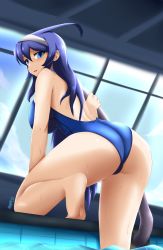 1girl absurdres ahoge alternate_costume ass bare_shoulders blue_eyes blush breasts from_behind highres large_breasts long_hair looking_at_viewer looking_back morris1611 one-piece_swimsuit open_mouth orie_ballardiae_harada purple_hair shiny_clothes shiny_skin sideboob smile solo swimsuit under_night_in-birth very_long_hair water wet wet_hair rating:Questionable score:16 user:armorcrystal