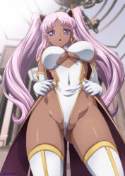  1girl ass blue_eyes bodysuit breasts catherine_sabathra code_geass code_geass:_dakkan_no_roze curvy dark-skinned_female dark_skin earrings elbow_gloves foreshortening from_below frontal_wedgie gloves gluteal_fold highleg highleg_leotard indoors jewelry kaname_aomame large_breasts leotard leotard_pull long_hair looking_at_viewer open_clothes open_mouth partially_visible_vulva pink_hair revealing_clothes shiny_skin standing thighhighs twintails underboob very_long_hair wedgie wide_hips  rating:Sensitive score:48 user:creck