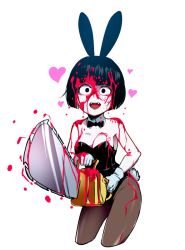  1girl animal_ears black_eyes black_hair black_leotard blood blood_on_clothes blood_on_face bloody_weapon bow bowtie breasts chainsaw chainsaw_bunny cleavage commentary crazy_eyes detached_collar english_commentary fake_animal_ears fake_tail fangs gloves grey_gloves guro heart jcm2 leotard medium_breasts open_mouth original pale_skin pantyhose playboy_bunny rabbit_ears rabbit_tail short_hair smile solo tail weapon white_background  rating:Sensitive score:69 user:danbooru