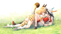  2girls all_fours animal_ears animal_print arm_support ass backpack bag bare_arms bare_legs bare_shoulders black_hair blonde_hair blush closed_mouth extra_ears eye_contact face-to-face flat_ass full_body girl_on_top gloves grey_eyes hand_on_another&#039;s_face hand_on_another&#039;s_hand hat_feather helmet highres kaban_(kemono_friends) kemono_friends looking_at_another lying medium_hair multiple_girls naka_(nicovideo14185763) on_back parted_lips paw_shoes pith_helmet print_skirt print_thighhighs red_shirt serval_(kemono_friends) serval_print shirt shoes short_sleeves shorts skirt sleeveless sleeveless_shirt smile t-shirt tail thighhighs torn_clothes torn_gloves torn_shorts torn_skirt torn_thighhighs white_shirt wide-eyed yellow_eyes yuri 