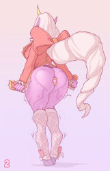  anal anal_object_insertion ass bow breasts butt_plug colored_skin demimond23 frilled_jacket frills from_behind full_body furry furry_female gradient_background grey_socks heart heart_tattoo hooves horns huge_bow huge_breasts jacket kneehighs league_of_legends long_hair long_sleeves object_insertion pink_skin pointy_ears red_bow red_jacket sex_toy shoes single_horn socks soraka_(league_of_legends) standing tattoo white_hair 