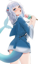  1girl absurdres ahoge blue_eyes blue_hair blue_hoodie fins fish_tail food from_behind gawr_gura grey_hair hair_ornament highres holding holding_food holding_ice_cream hololive hololive_english hood hoodie ice_cream ice_cream_cone looking_back multicolored_hair open_mouth shark_girl shark_hair_ornament shark_tail simple_background solo streaked_hair tail tomatoushiekaki virtual_youtuber white_background 