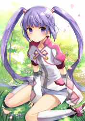 1girl between_legs blush boots bow collarbone detached_sleeves grass hand_between_legs highres kneehighs long_hair looking_at_viewer official_alternate_costume on_ground petals pink_bow puffy_short_sleeves puffy_sleeves purple_eyes purple_hair shirt short_sleeves shorts sitting sleeves_past_wrists socks solo sophie_(tales) tales_of_(series) tales_of_graces twintails very_long_hair wariza white_socks white_shorts yon_(letter) rating:Sensitive score:20 user:danbooru
