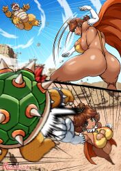  1girl ass battle bowser breasts brown_hair butt_crack cleavage cleavage_cutout clothing_cutout dark-skinned_female dark_skin heart_cutout highres huge_ass huge_breasts large_breasts mario_(series) nintendo princess_daisy tonshirou_(christar)  rating:Questionable score:12 user:jojosstand