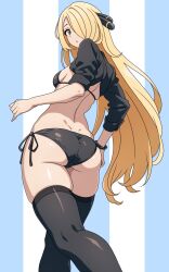  1girl arms_at_sides asairosora ass back bikini black_bikini black_shrug black_thighhighs blonde_hair breasts brown_eyes creatures_(company) cynthia_(pokemon) dimples_of_venus feet_out_of_frame game_freak highres long_hair looking_at_viewer looking_down median_furrow medium_breasts nintendo parted_lips pokemon pokemon_dppt shrug_(clothing) side-tie_bikini_bottom skindentation solo swimsuit thighhighs very_long_hair walking 