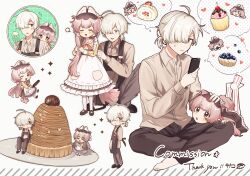  +_+ 1boy 1girl absurdres ahoge animal_ears apron barefoot black_apron black_footwear black_pants blue_eyes blueberry blush bow brown_eyes brown_shirt cake cat_ears cellphone chibi chibi_inset child closed_eyes collared_shirt commission cream cupcake dress father_and_daughter food frilled_dress frills fruit grey_hair hair_over_one_eye heart height_difference highres holding holding_phone indian_style legs_up long_hair long_sleeves lying mixing_bowl on_stomach open_mouth original pancake pancake_stack pants pantyhose phone pink_hair ponytail sailor_collar sasasasak_o shirt short_ponytail sitting skeb_commission smartphone smile socks sparkle squatting squirrel_(jjjjmmn_err) strawberry striped_clothes striped_pantyhose striped_thighhighs sweatdrop thank_you thighhighs thought_bubble twintails vertical-striped_clothes very_long_hair whisk white_apron white_background white_hair 