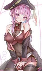  1girl absurdres ascot belt black_choker black_coat black_hat black_thighhighs blue_hair blush breasts brown_belt choker cleavage coat colored_inner_hair cosplay covered_navel cropped_jacket frilled_choker frills hat highres hololive houshou_marine houshou_marine_(1st_costume) houshou_marine_(cosplay) jacket large_breasts leotard leotard_under_clothes looking_at_viewer minato_aqua miniskirt multicolored_hair open_mouth pink_hair pirate_hat purple_eyes red_ascot red_coat red_jacket red_skirt skirt sleeveless sleeveless_jacket solo teruteruteru190 thighhighs two-sided_coat two-sided_fabric two-tone_hair virtual_youtuber 
