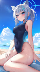  1girl absurdres animal_ears arm_behind_back bare_shoulders beach between_legs blue_archive blue_eyes blush breasts covered_navel cross_hair_ornament day from_below from_side groin hair_between_eyes hair_ornament halo hand_between_legs highleg highleg_swimsuit highres hip_focus li_se long_hair looking_at_viewer looking_down medium_breasts mismatched_pupils ocean outdoors parted_lips ponytail shiroko_(blue_archive) shiroko_(swimsuit)_(blue_archive) sitting skin_tight solo swimsuit wet wet_clothes wet_swimsuit white_hair  rating:Sensitive score:26 user:danbooru