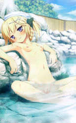  1girl alcot amamoto_louis armpits blonde_hair blue_eyes blush braid breasts cleft_of_venus cloud collarbone female_focus fingernails groin hair_ornament hair_ribbon hairclip head_tilt highres indian_style leaning_back legs loli long_image looking_at_viewer naka_no_hito_nado_inai! navel nipples nude nude_filter onsen outdoors partially_submerged pussy ribbon rock shadow short_hair sitting sky small_breasts smile smirk solo steam submerged tall_image third-party_edit towel towel_on_head tree uncensored water wet  rating:Explicit score:182 user:sytalidis