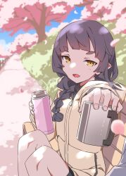  1girl akari_(raigou) black_hair braid cherry_blossoms cherry_tree commentary cup elf hanami highres holding holding_cup holding_thermos hood hooded_jacket jacket long_hair mug open_mouth original outdoors pointy_ears raigou shorts solo symbol-only_commentary thermos thick_eyebrows yellow_eyes yellow_jacket 