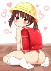  1girl absurdres ass backpack bag blush bow breasts cleft_of_venus feet from_behind full_body hades1580 hair_bobbles hair_ornament hat hat_bow heart highres kneehighs loli looking_back nipples no_shoes nude original pussy randoseru school_hat shiny_skin simple_background sitting small_breasts socks solo uncensored wariza white_background white_socks yellow_bow yellow_hat  rating:Explicit score:476 user:Domestic_Importer