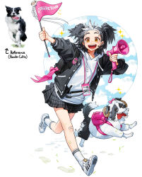 1girl :d backpack bag bandaid bandaid_on_knee bandaid_on_leg black_hair black_jacket black_skirt border_collie creature_and_personification dog earpiece flag full_body highres holding holding_flag holding_megaphone hood hoodie jacket megaphone multicolored_hair open_mouth original photo-referenced plaid plaid_skirt reference_inset rinotuna running shirt shoes short_twintails skirt smile sneakers socks solo tongue tongue_out twintails two-tone_hair white_hair white_shirt yellow_eyes 